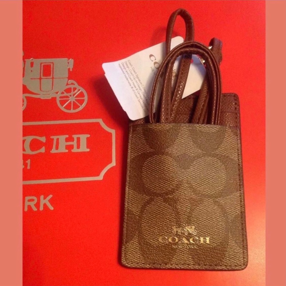 NWT COACH Signature Lanyard ID Case Khaki/Saddle